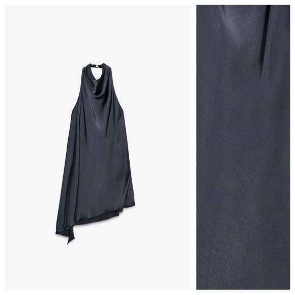 NWT. Zara ZW Collection Petrol Blue Satin Effect Halter Top. Size XS. - Picture 5 of 10